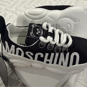 Moschino Kids Black and White Teddy Logo Lace-Up Sneakers